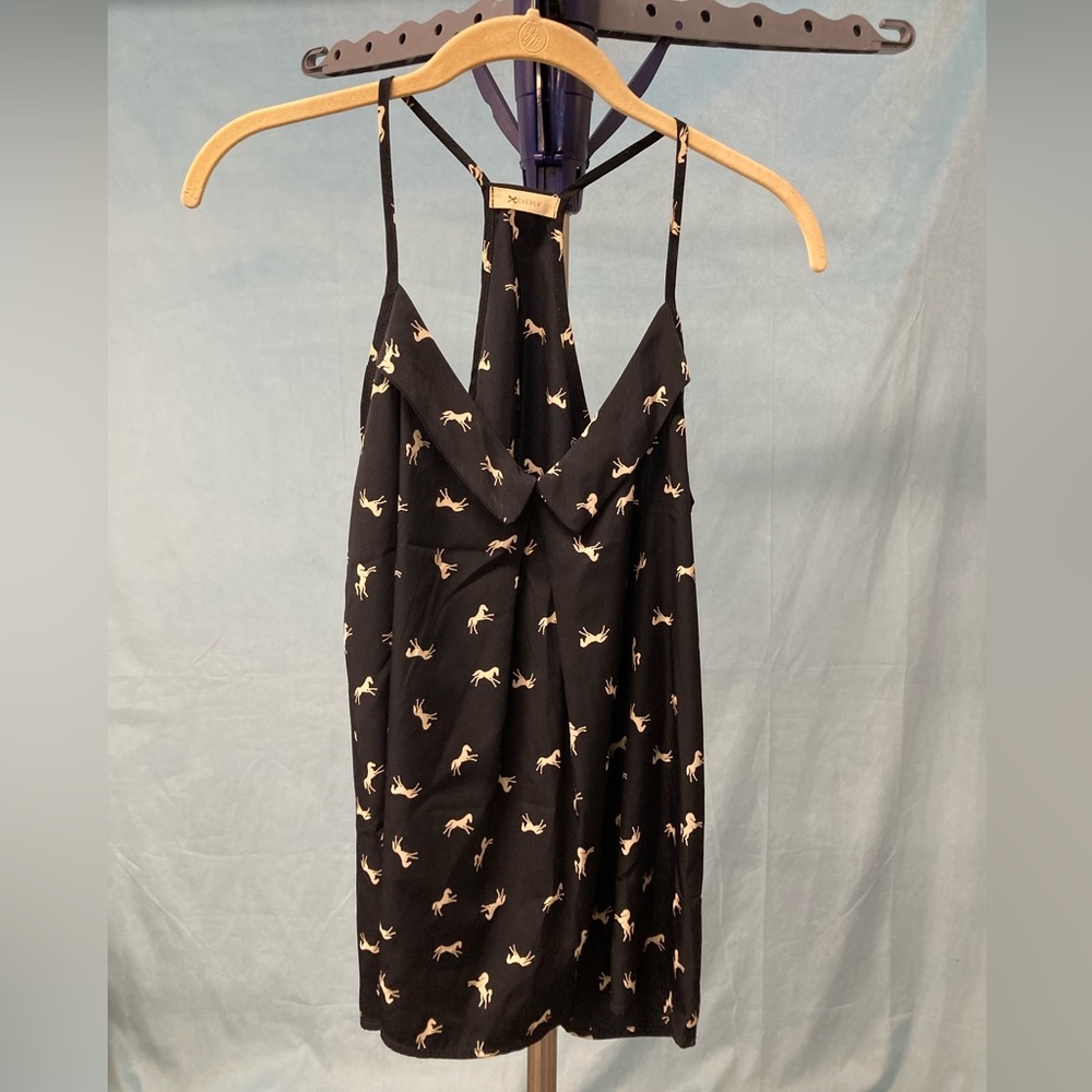 Everly navy blue horse print blousy tank size S with collar and racerback.